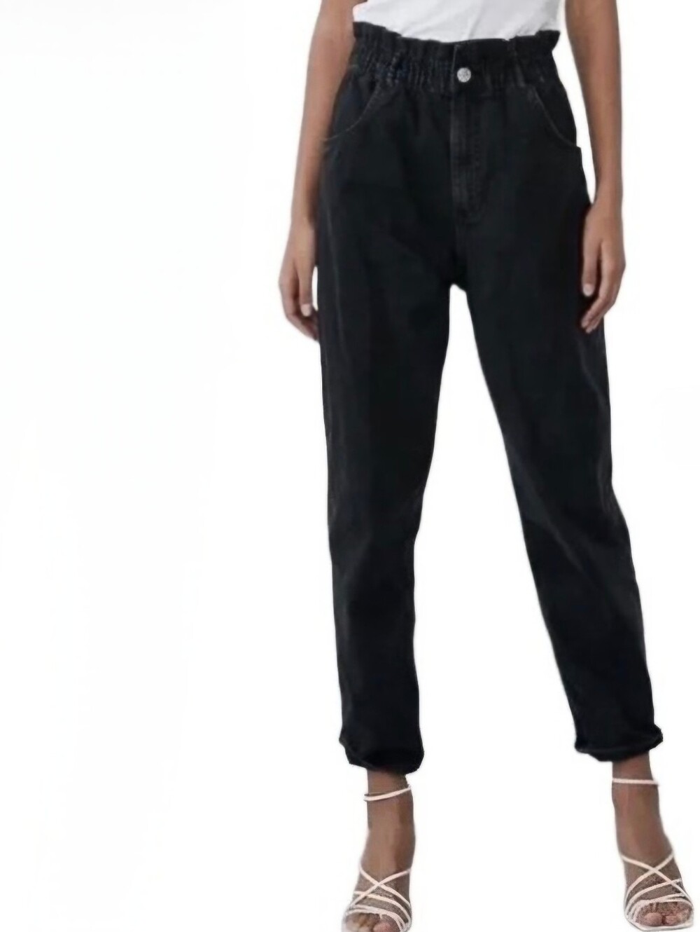 Zara High Waisted Paperbag Baggy Fit Jeans Black Wash Denim Size 8 Relaxed